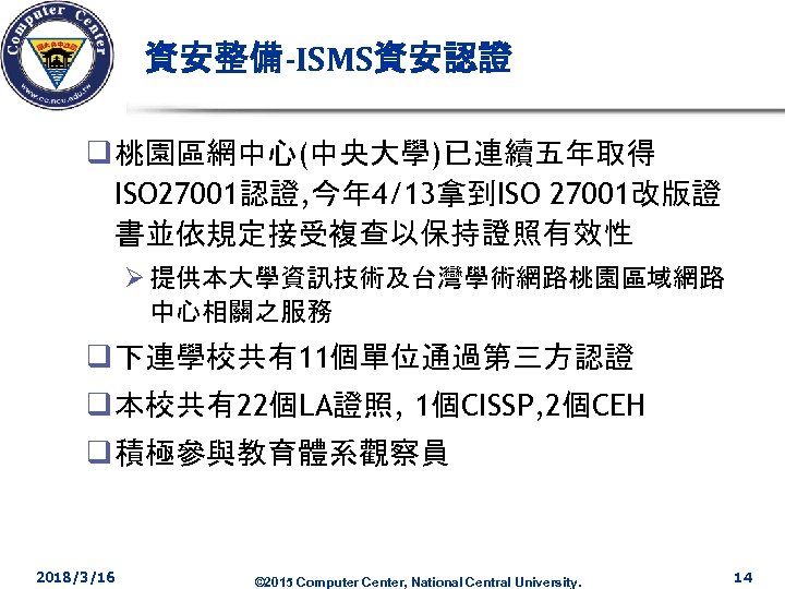資安整備-ISMS資安認證 q 桃園區網中心(中央大學)已連續五年取得 ISO 27001認證, 今年 4/13拿到ISO 27001改版證 書並依規定接受複查以保持證照有效性 Ø 提供本大學資訊技術及台灣學術網路桃園區域網路 中心相關之服務 q 下連學校共有11個單位通過第三方認證