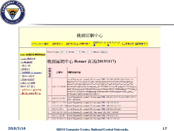 2018/3/16 © 2015 Computer Center, National Central University. 17 