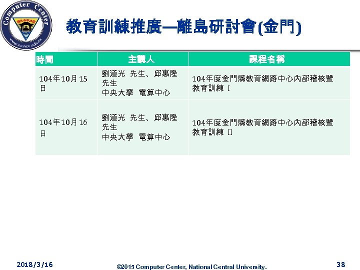 教育訓練推廣—離島研討會(金門) 時間 主講人 課程名稱 104年 10月 15 日 劉道光 先生、邱惠隆 先生 中央大學 電算中心 104年度金門縣教育網路中心內部稽核暨