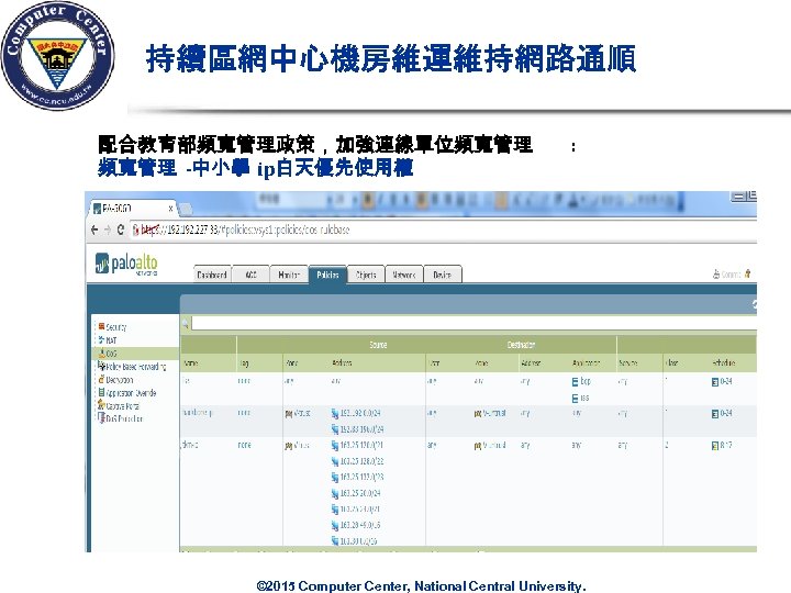 持續區網中心機房維運維持網路通順 配合教育部頻寬管理政策，加強連線單位頻寬管理 -中小學 ip白天優先使用權 : © 2015 Computer Center, National Central University. 