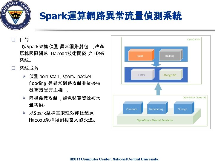 Spark運算網路異常流量偵測系統 q 目的 以 Spark架構 偵測 異常網路封包 ， 改進 原桃園區網以 Hadoop技術開發 之 FDNS 系統。