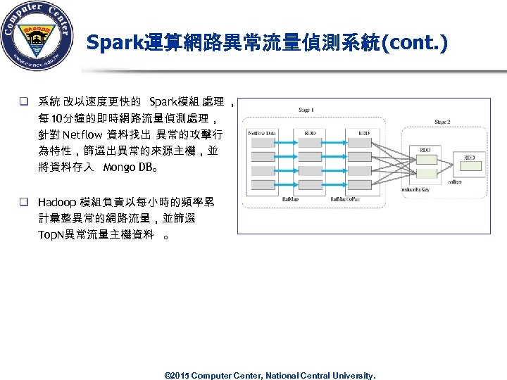 Spark運算網路異常流量偵測系統(cont. ) q 系統 改以速度更快的 Spark模組 處理 ， 每 10分鐘的即時網路流量偵測處理， 針對 Netflow 資料找出 異常的攻擊行