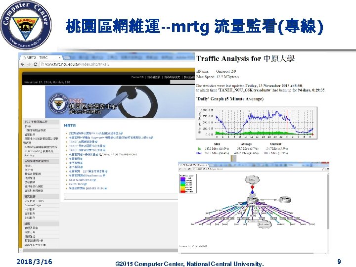 桃園區網維運--mrtg 流量監看(專線) 2018/3/16 © 2015 Computer Center, National Central University. 9 