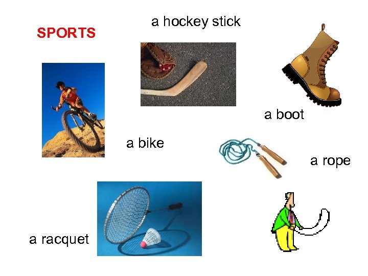 SPORTS a hockey stick a boot a bike a rope a racquet 