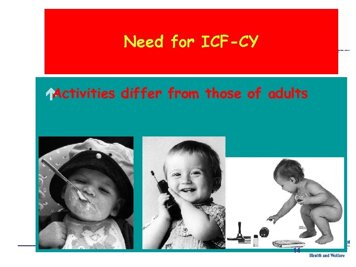 Need for ICF-CY é Activities differ from those of adults 14 