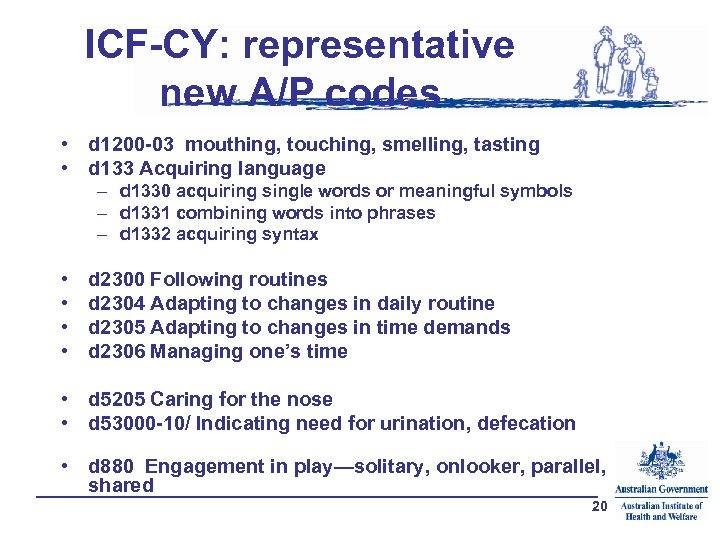 ICF-CY: representative new A/P codes • d 1200 -03 mouthing, touching, smelling, tasting •