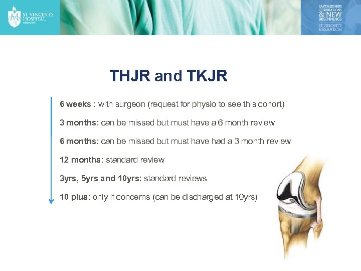 THJR and TKJR 6 weeks : with surgeon (request for physio to see this