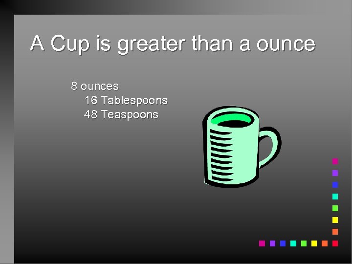 A Cup is greater than a ounce 8 ounces 16 Tablespoons 48 Teaspoons 