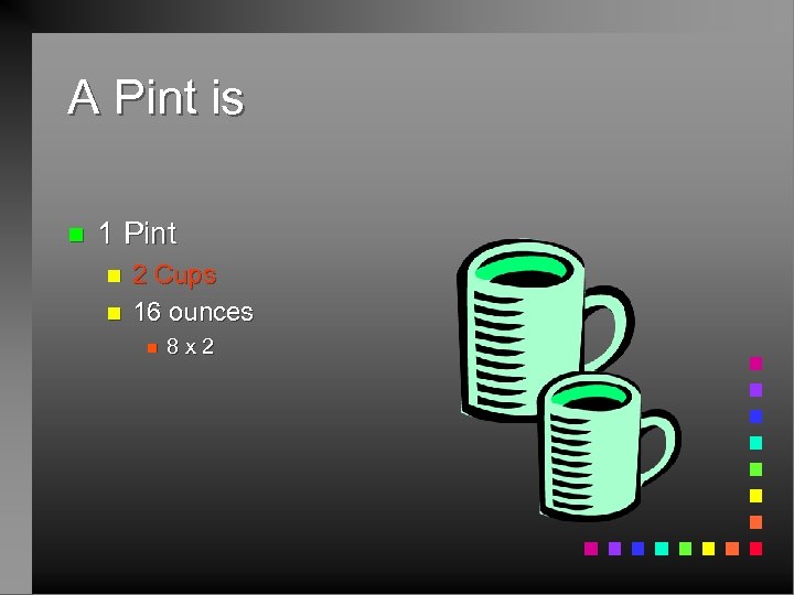 A Pint is n 1 Pint n n 2 Cups 16 ounces n 8