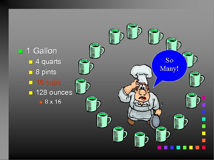 n 1 Gallon n n 4 quarts 8 pints 16 cups 128 ounces n