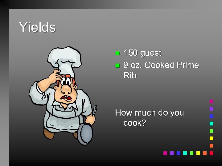 Yields n n 150 guest 9 oz. Cooked Prime Rib How much do you