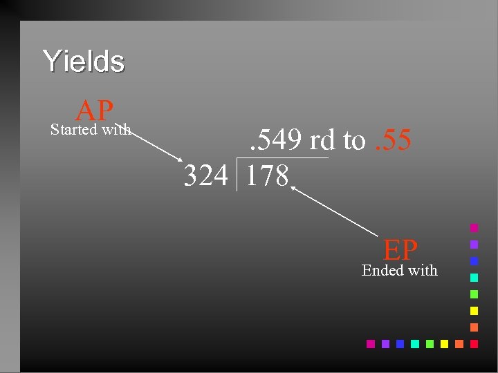 Yields AP Started with . 549 rd to. 55 324 178 EP Ended with