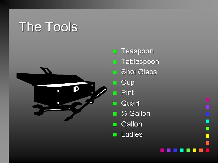 The Tools n n n n n Teaspoon Tablespoon Shot Glass Cup Pint Quart