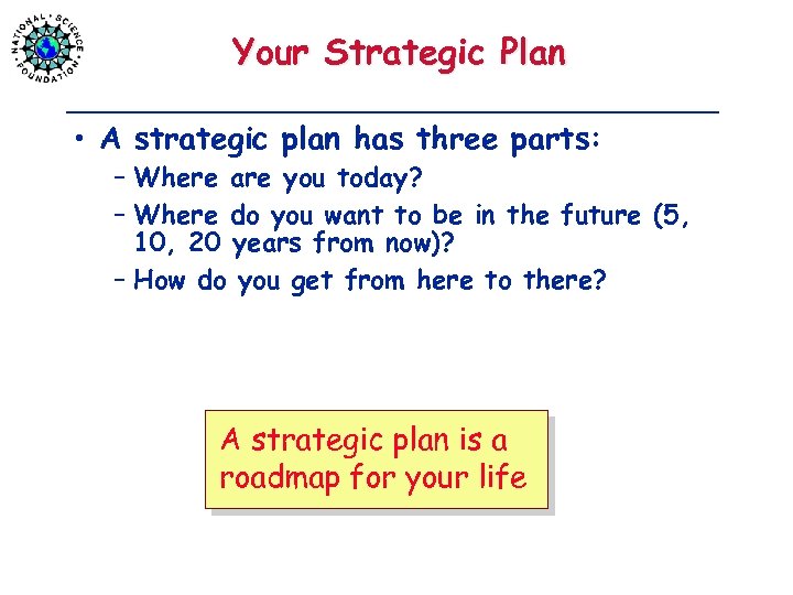 Your Strategic Plan • A strategic plan has three parts: – Where are you