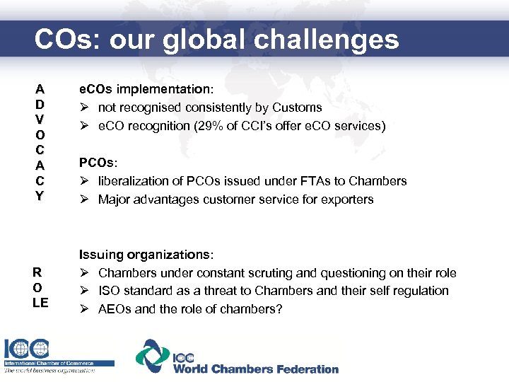 COs: our global challenges A D V O C A C Y R O