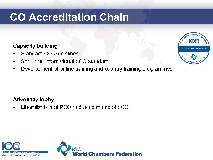 CO Accreditation Chain Capacity building • Standard CO Guidelines • Set up an international