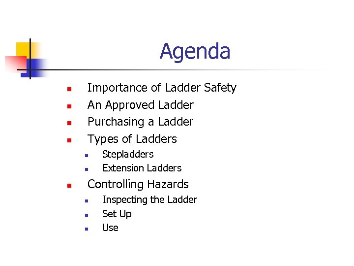 Agenda n n Importance of Ladder Safety An Approved Ladder Purchasing a Ladder Types