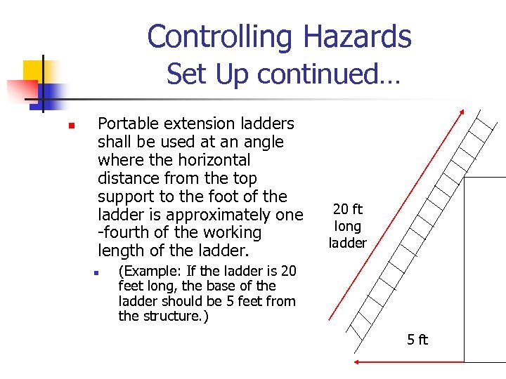 Controlling Hazards Set Up continued… n Portable extension ladders shall be used at an