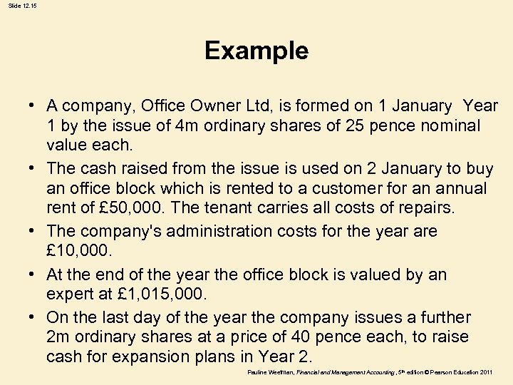 Slide 12. 15 Example • A company, Office Owner Ltd, is formed on 1