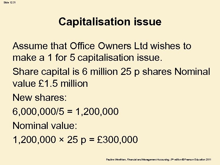 Slide 12. 31 Capitalisation issue Assume that Office Owners Ltd wishes to make a