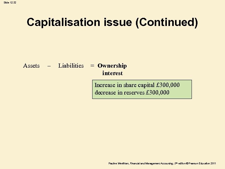 Slide 12. 32 Capitalisation issue (Continued) Assets – Liabilities = Ownership interest Increase in