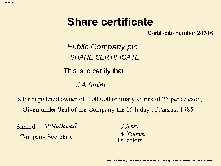Slide 12. 5 Share certificate Certificate number 24516 Public Company plc SHARE CERTIFICATE This