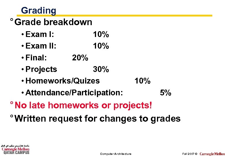 Grading ° Grade breakdown • Exam I: 10% • Exam II: 10% • Final: