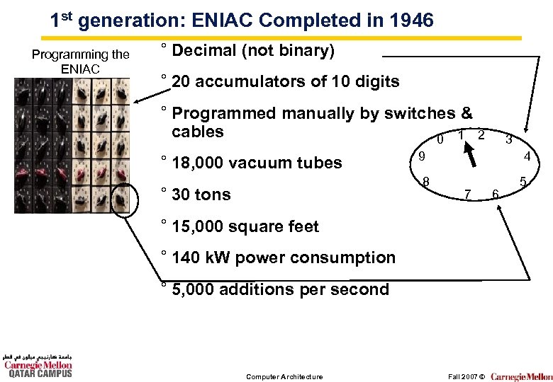 1 st generation: ENIAC Completed in 1946 Programming the ENIAC ° Decimal (not binary)