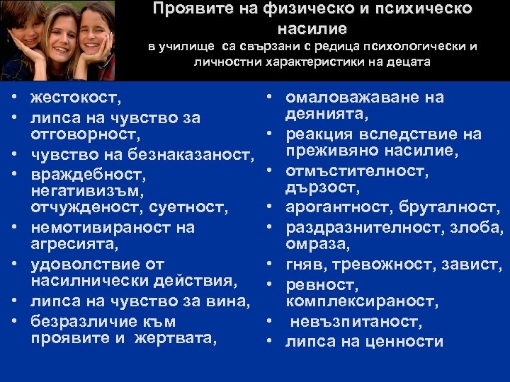 Проявите на физическо и психическо насилие в училище са свързани с редица психологически и
