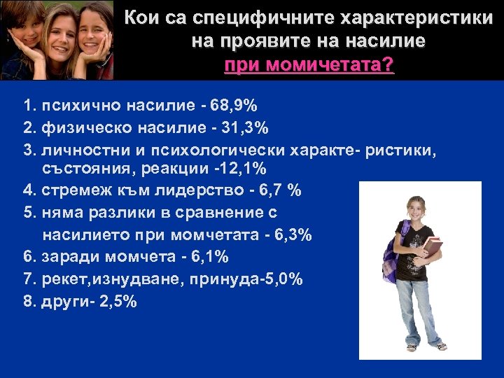 Кои са специфичните характеристики на проявите на насилие при момичетата? 1. психично насилие -