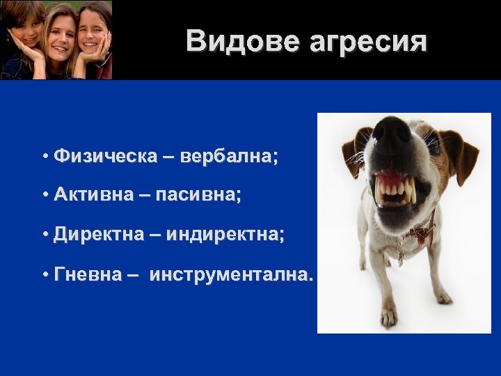 Видове агресия • Физическа – вербална; • Активна – пасивна; • Директна – индиректна;