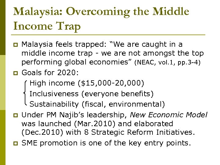 Malaysia: Overcoming the Middle Income Trap p p Malaysia feels trapped: “We are caught