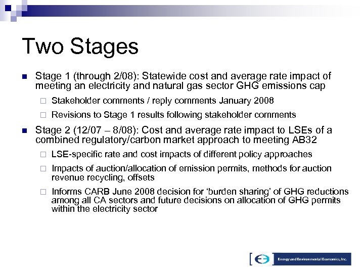 Two Stages n Stage 1 (through 2/08): Statewide cost and average rate impact of