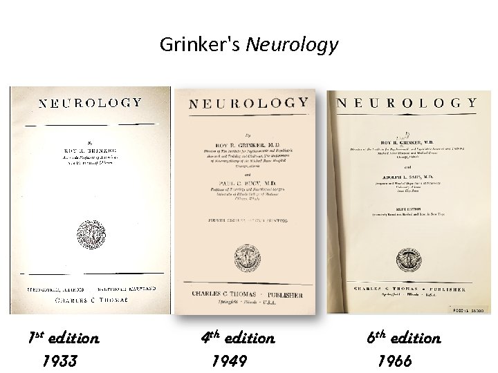 Grinker's Neurology 1 st edition 1933 4 th edition 1949 6 th edition 1966