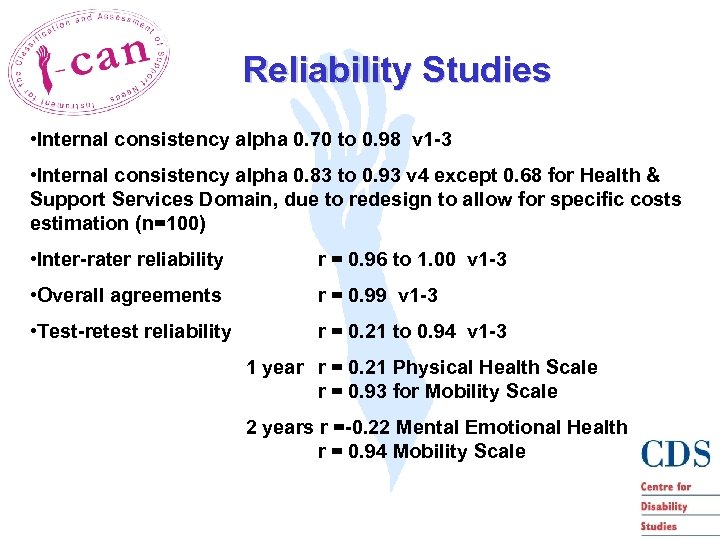 Reliability Studies • Internal consistency alpha 0. 70 to 0. 98 v 1 -3