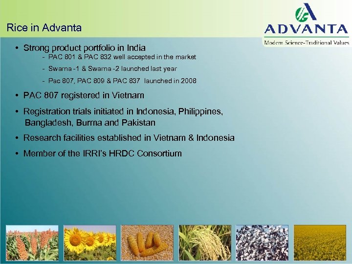 Rice in Advanta • Strong product portfolio in India - PAC 801 & PAC