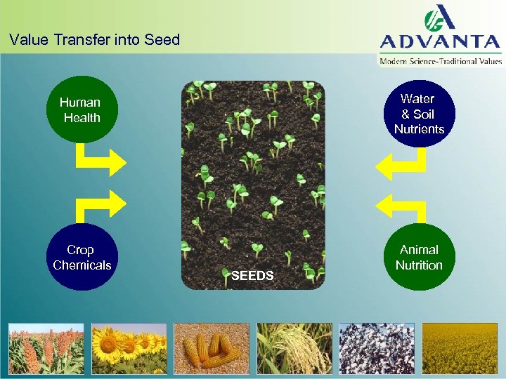 Value Transfer into Seed Human Health Water & Soil Nutrients Crop Chemicals Animal Nutrition
