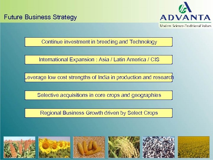 Future Business Strategy Continue investment in breeding and Technology International Expansion : Asia /