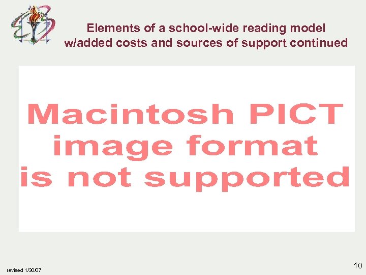 Elements of a school-wide reading model w/added costs and sources of support continued revised