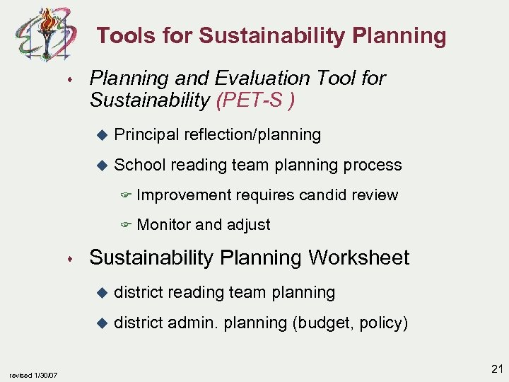 Tools for Sustainability Planning s Planning and Evaluation Tool for Sustainability (PET-S ) u