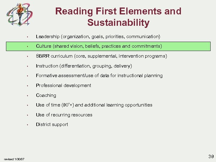 Reading First Elements and Sustainability s s Culture (shared vision, beliefs, practices and commitments)