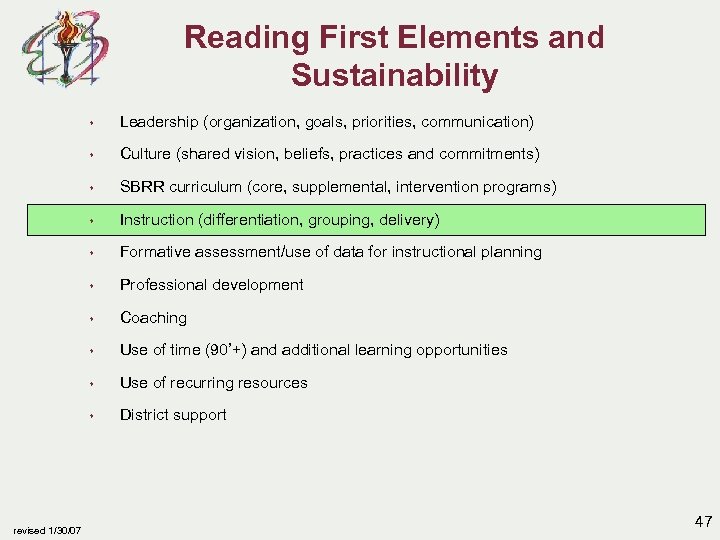 Reading First Elements and Sustainability s s Culture (shared vision, beliefs, practices and commitments)