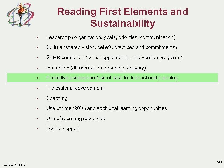 Reading First Elements and Sustainability s s Culture (shared vision, beliefs, practices and commitments)
