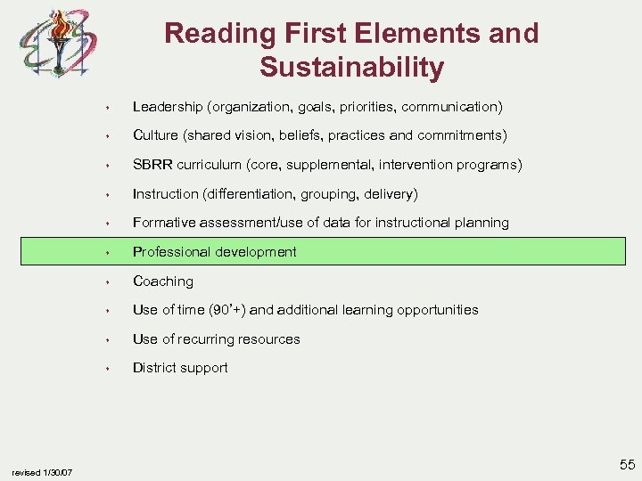 Reading First Elements and Sustainability s s Culture (shared vision, beliefs, practices and commitments)