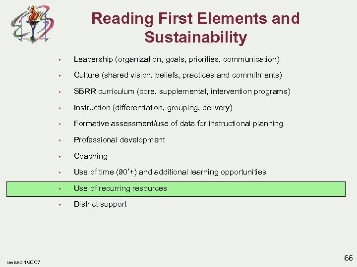 Reading First Elements and Sustainability s s Culture (shared vision, beliefs, practices and commitments)