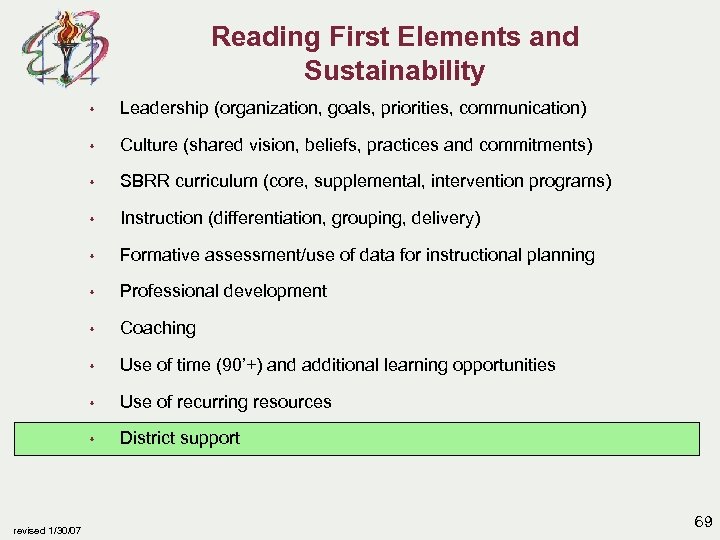 Reading First Elements and Sustainability s s Culture (shared vision, beliefs, practices and commitments)