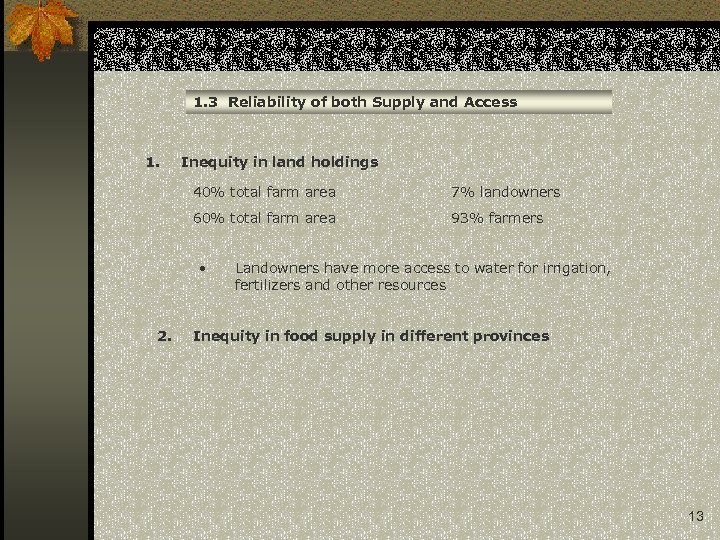 1. 3 Reliability of both Supply and Access 1. Inequity in land holdings 40%