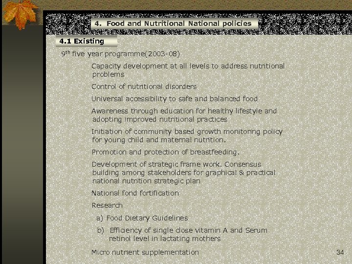 4. Food and Nutritional National policies 4. 1 Existing 9 th five year programme(2003