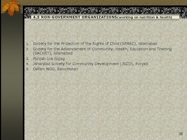 4. 5 NON-GOVERNMENT ORGANIZATIONS(working on nutrition & health) 1. 2. 3. 4. 5. Society
