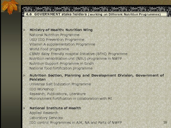 4. 6 GOVERNMENT stake holders (working on Different Nutrition Programmes) Ø Ministry of Health: